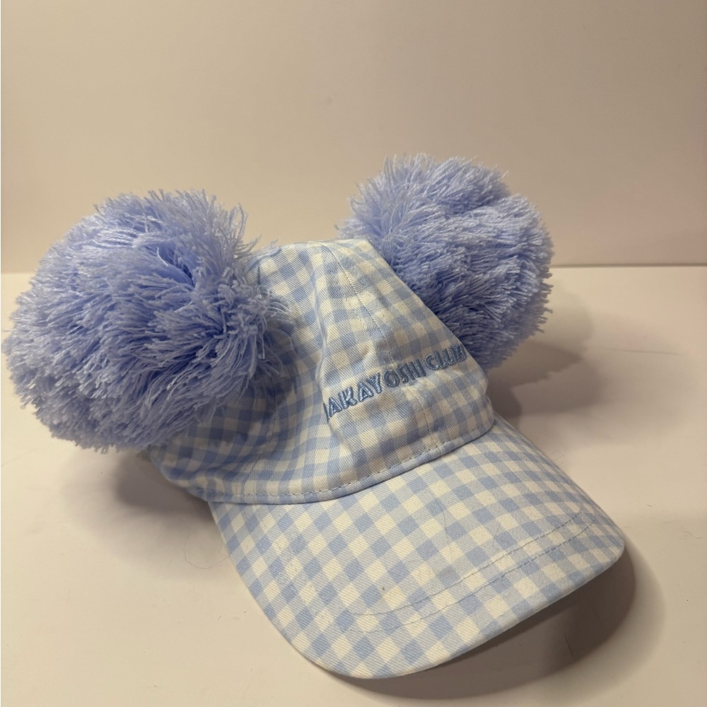 Disney Tokyo Blue Gingham Hat with Pom Pons
